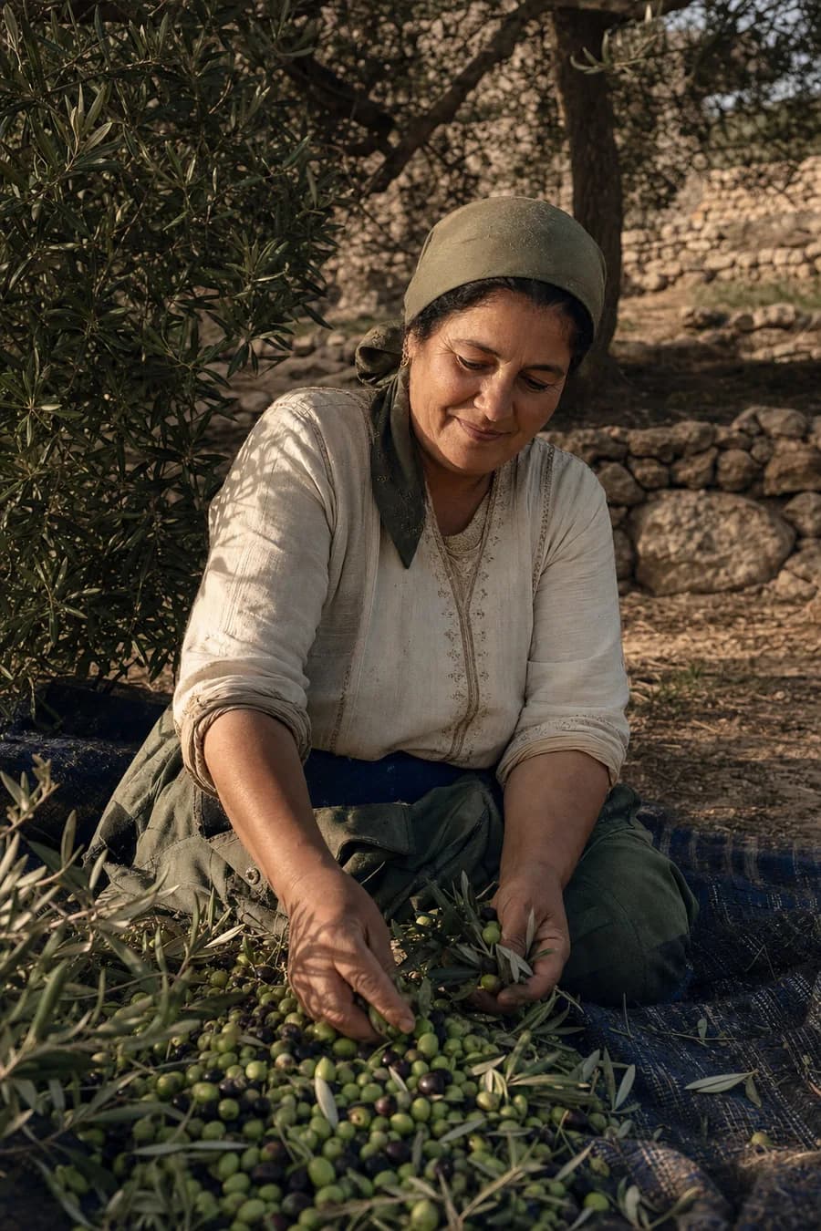 فلّاحة تونسية تجمع الزيتون في ضيعتها