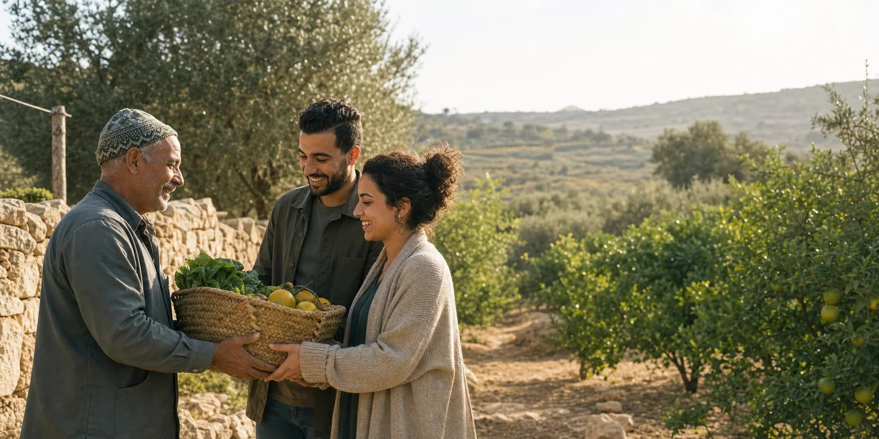 فلّاح تونسي يسلّم سلّة من خيرات ضيعته إلى حرفائه وسط بستان الزيتون